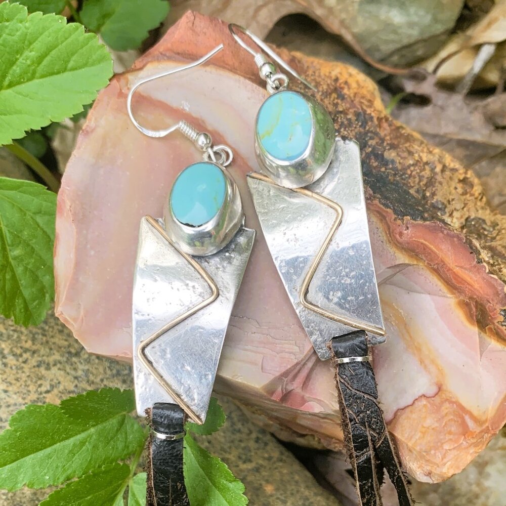 Custom Sterling Silver/Gold Filled Panels/Oval Turquoise/Leather Tassel Earrings - Picture 2 of 7
